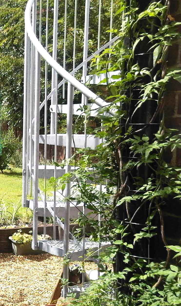external spiral staircase alongside some wall ivy
