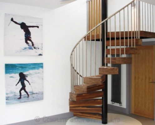 walnut steps on a spiral stair with a stainless handrail on a house with 2 pictures on the wall