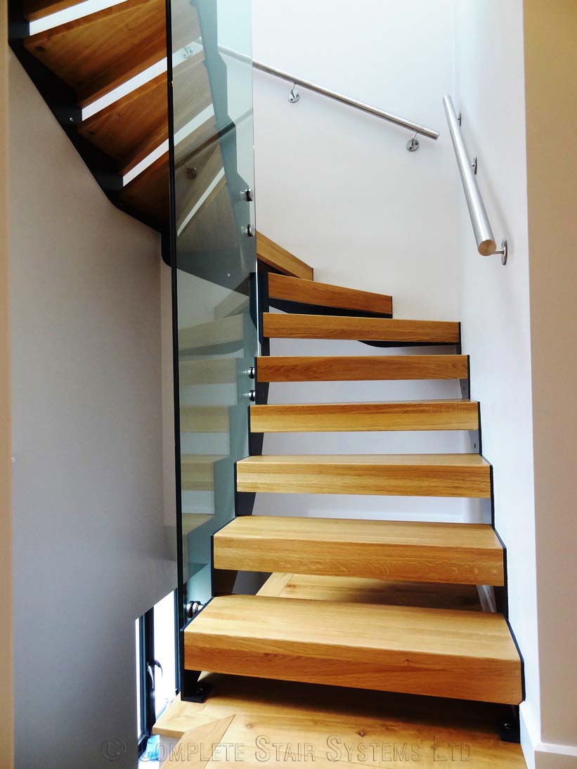 Bespoke Staircase Chiswick - Model 500 open riser oak staircase with stainless wall handrail