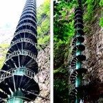 green external spiral stair in a cliff in a forest