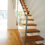 Glass panels to the side of a staircase with floating steps