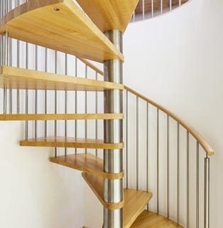 spiral stair with stainless spindles and oak treads