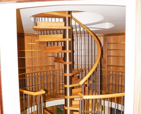 double flight spiral stair with oak steps and stainless balustrade