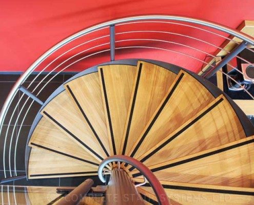 oak tread spiral staircase with stainless steel handrail