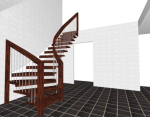 3-D view of a floating stair in dark timber