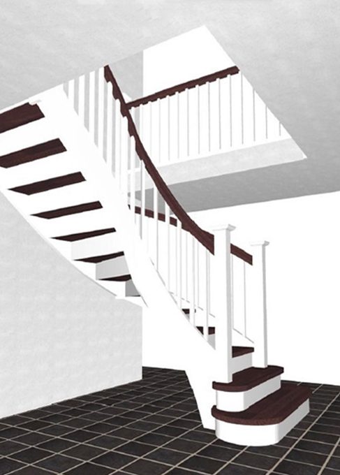 3-d image of a white and timber staircase