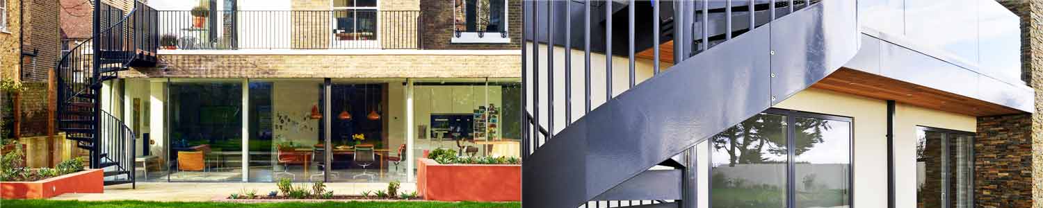 two pictures of external spiral stairs