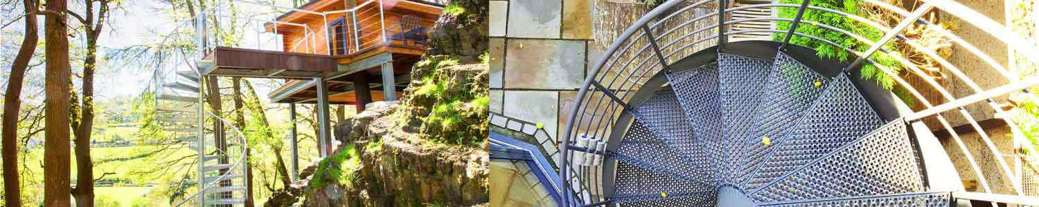two pictures of external spiral staircases