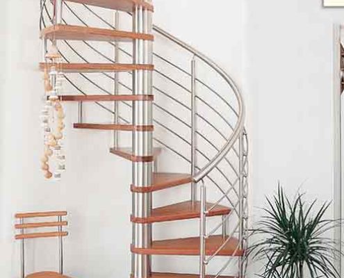 parquet timber floor with a stainless steel and wooded spiral staircase