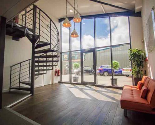 spiral in an office reception with sofa