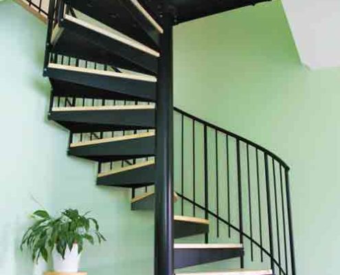 black spiral with timber steps in front of a green wall in a house