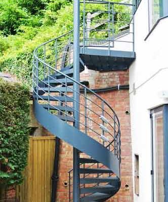 outdoor spiral stair in grey steel