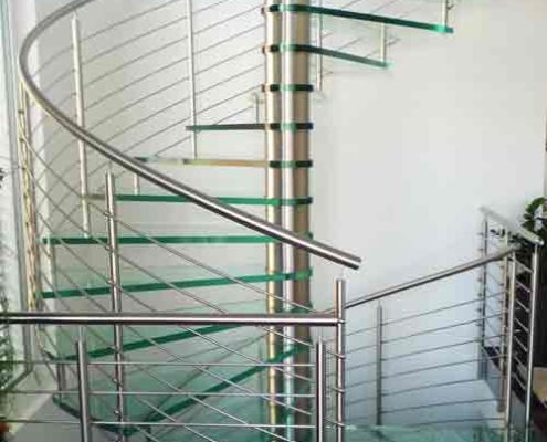 double flight large glass step spiral staircase with square platform