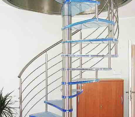 blue acrylic steps on a spiral staircase with stainless balustrade