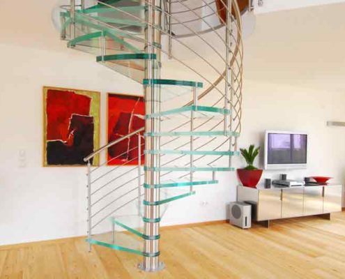 modern living room with wooden floor and glass spiral staircase
