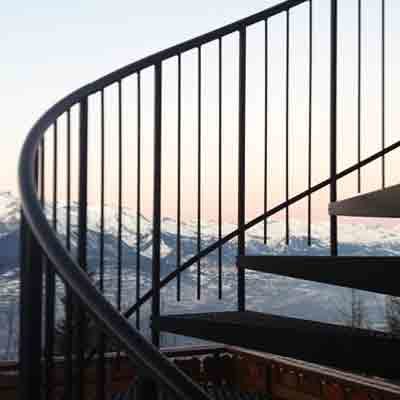 Vertical-Steel-Spindles vertical steel spindles on an outdoor spiral staircase