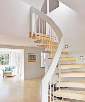 white handrail in a hallway with open risers