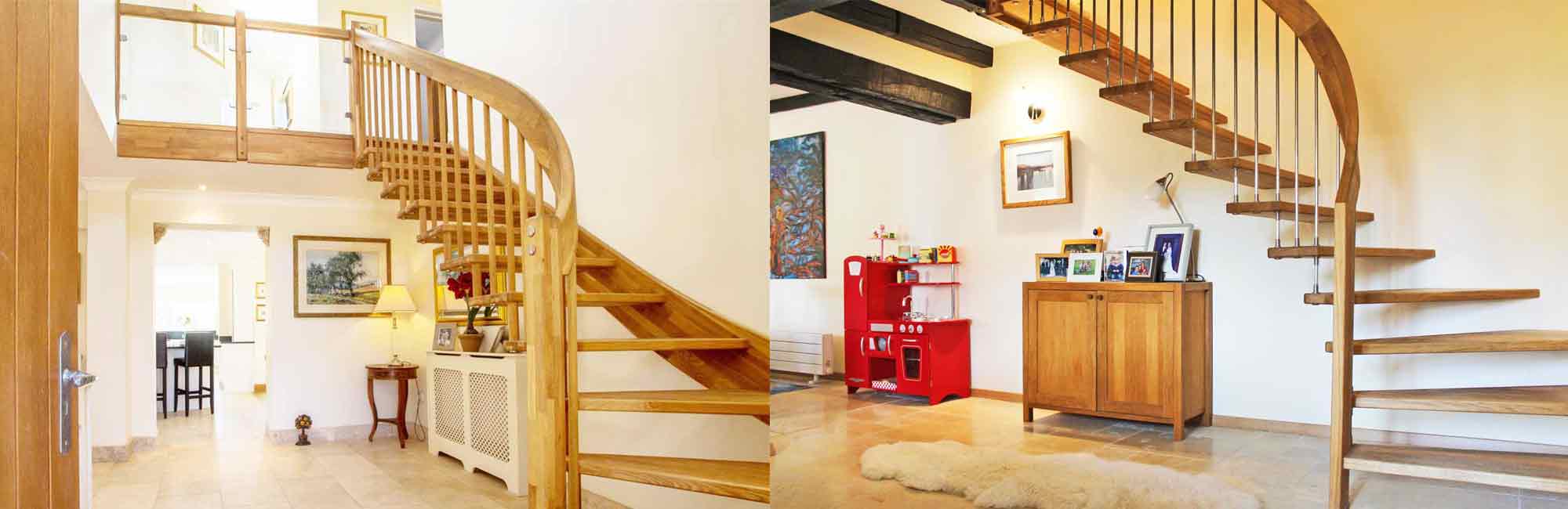 double pic of a floating timber staircase