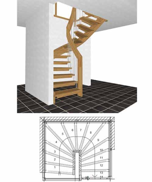 3-d view in colour and plan view of half turn floating stair
