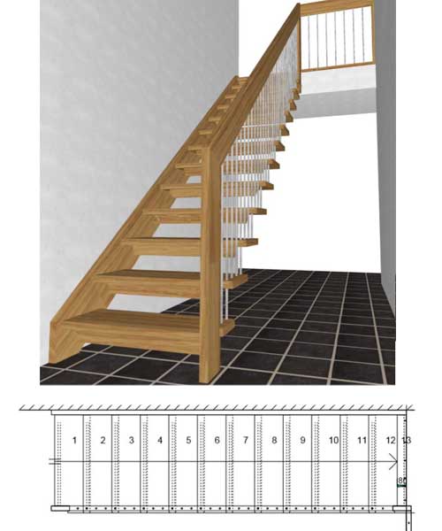 3-d visual and plan view of floating straight stair