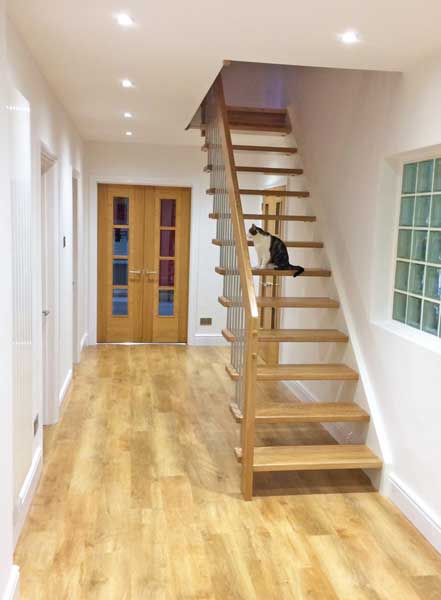 straight flight stair with open risers and cat sitting