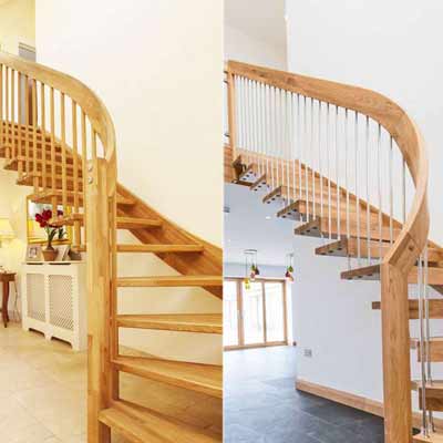 2 pics of a wooden floating stair