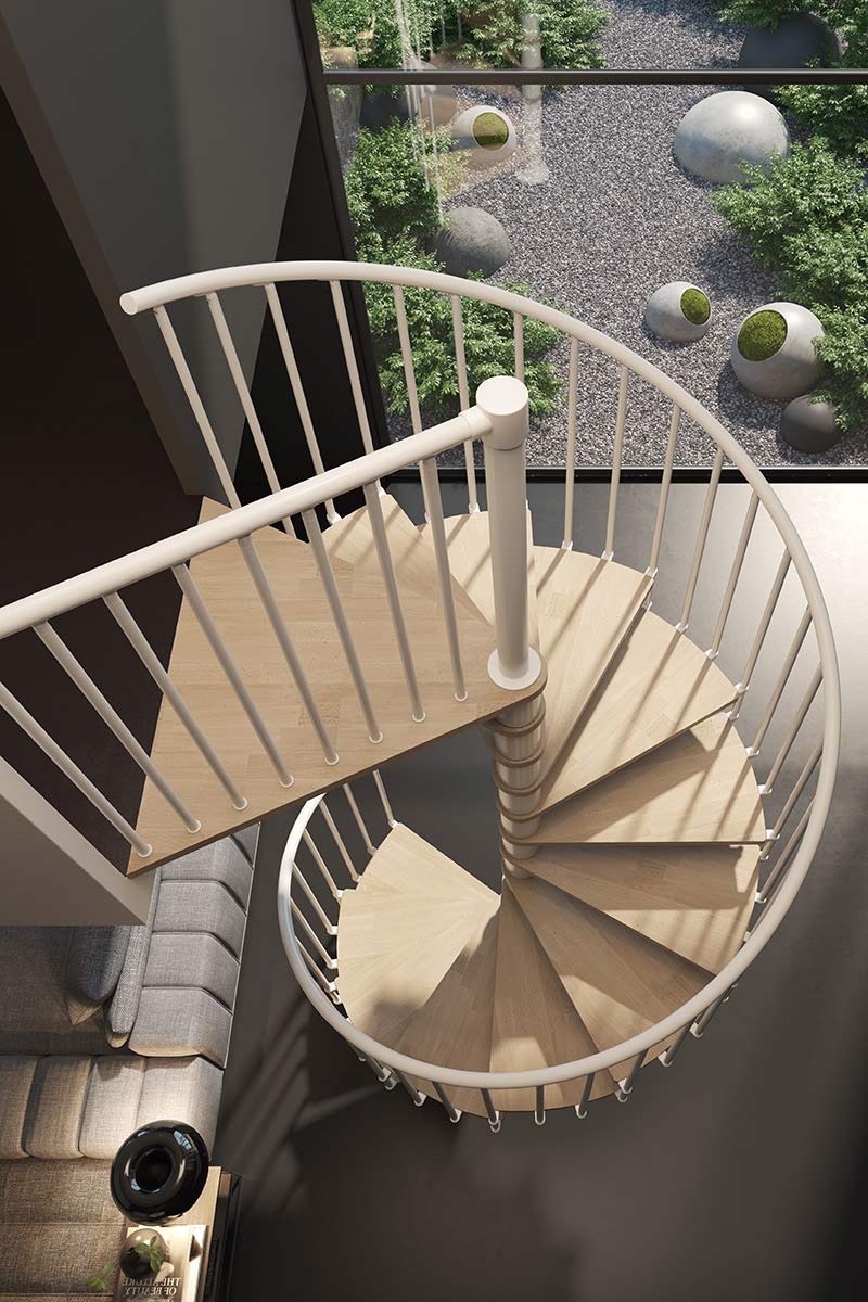 Phola-Spiral-Staircase triangular top platform with grey floor below