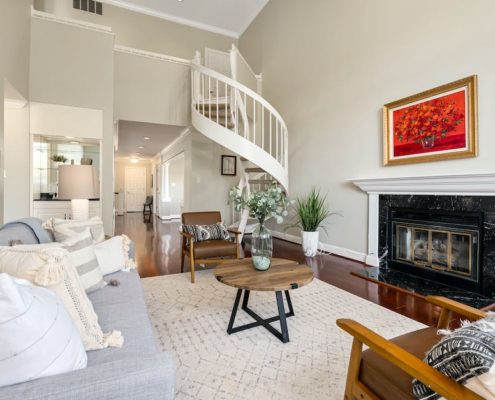 white spiral staircase in living room