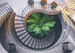 Looking down on a curving outdoor staircase