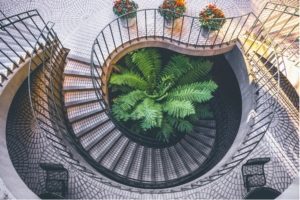Looking down on a curving outdoor staircase
