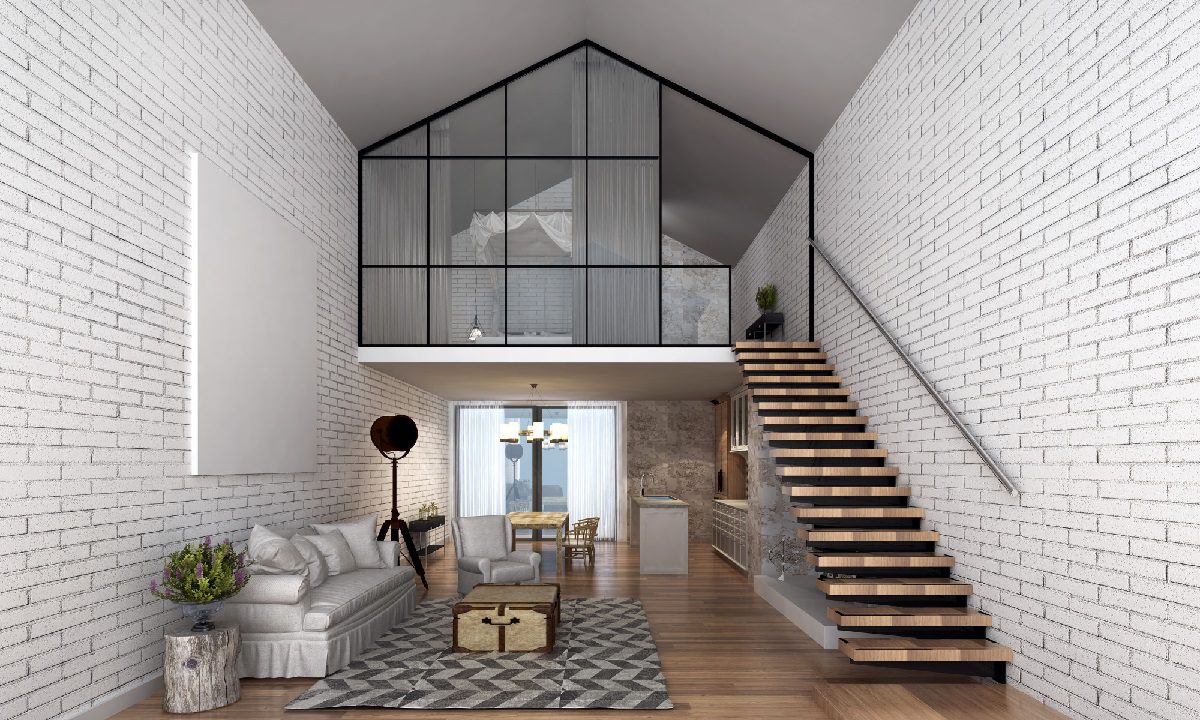 floating stair rising to mezzanine