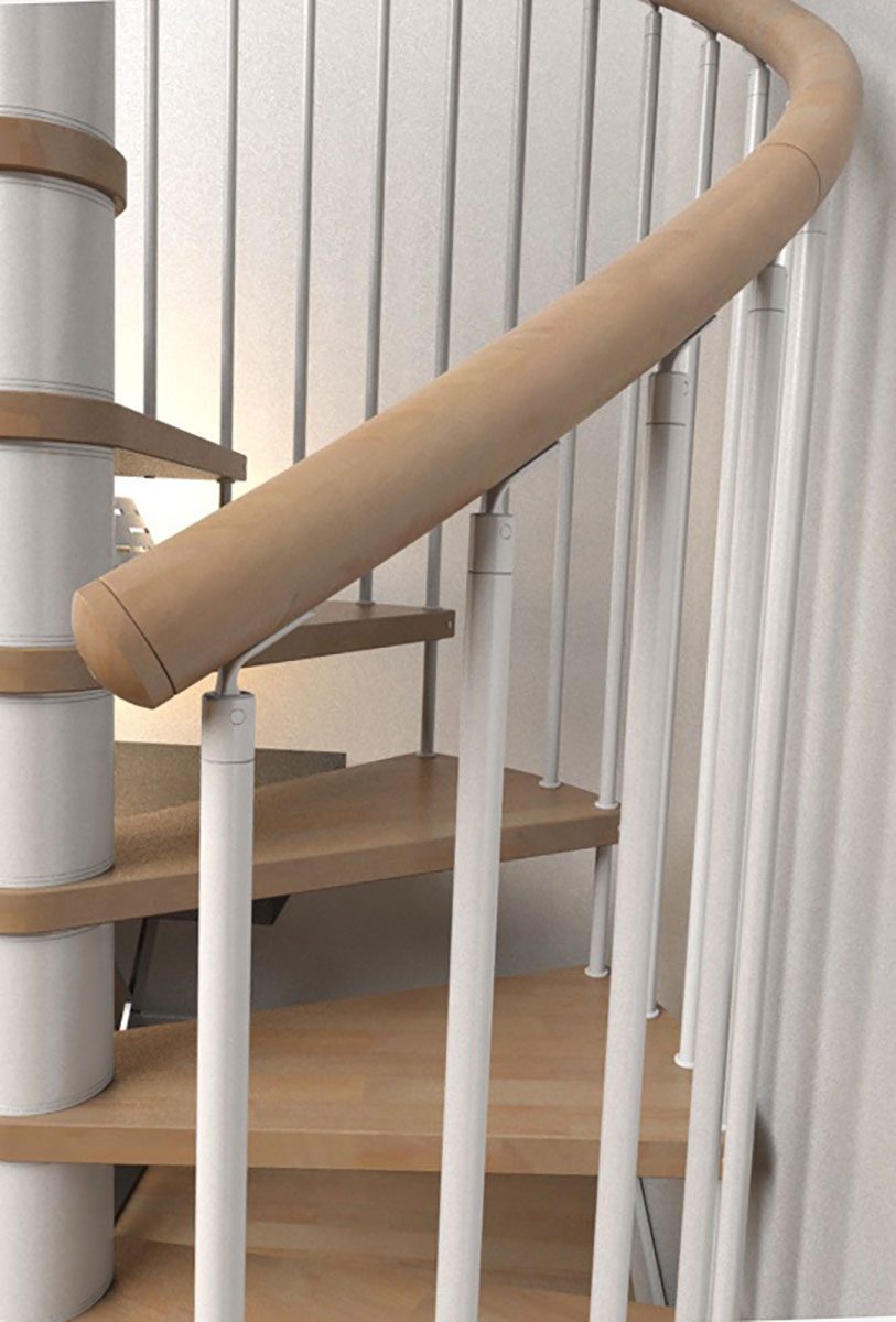 close up of the timber handrail and white spindles on the C20 spiral staircase
