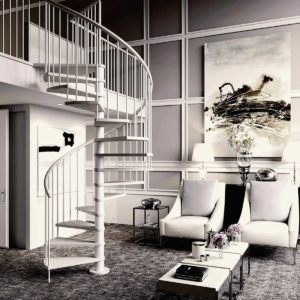 bright living room with spiral staircase leading to a mezzanine level