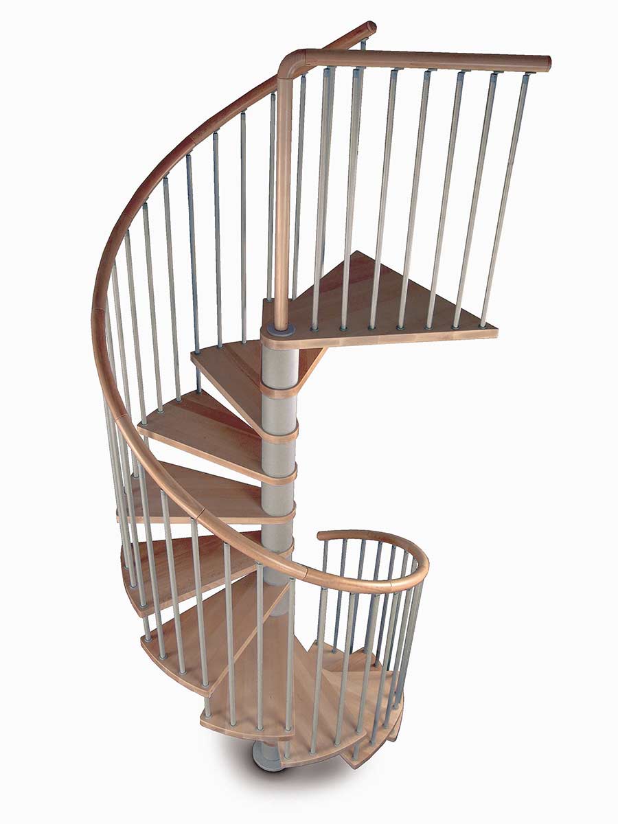 render showing a spiral stair with timber handrail and treads with a white background
