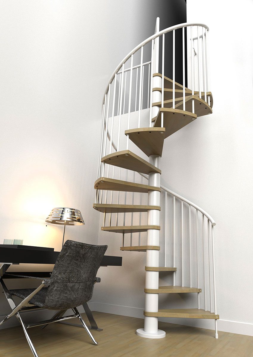 C20 spiral stair leading up to an opening in a white wall