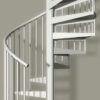 side view of white spiral staircase in front of an olive wall