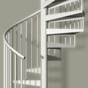 side view of white spiral staircase in front of an olive wall