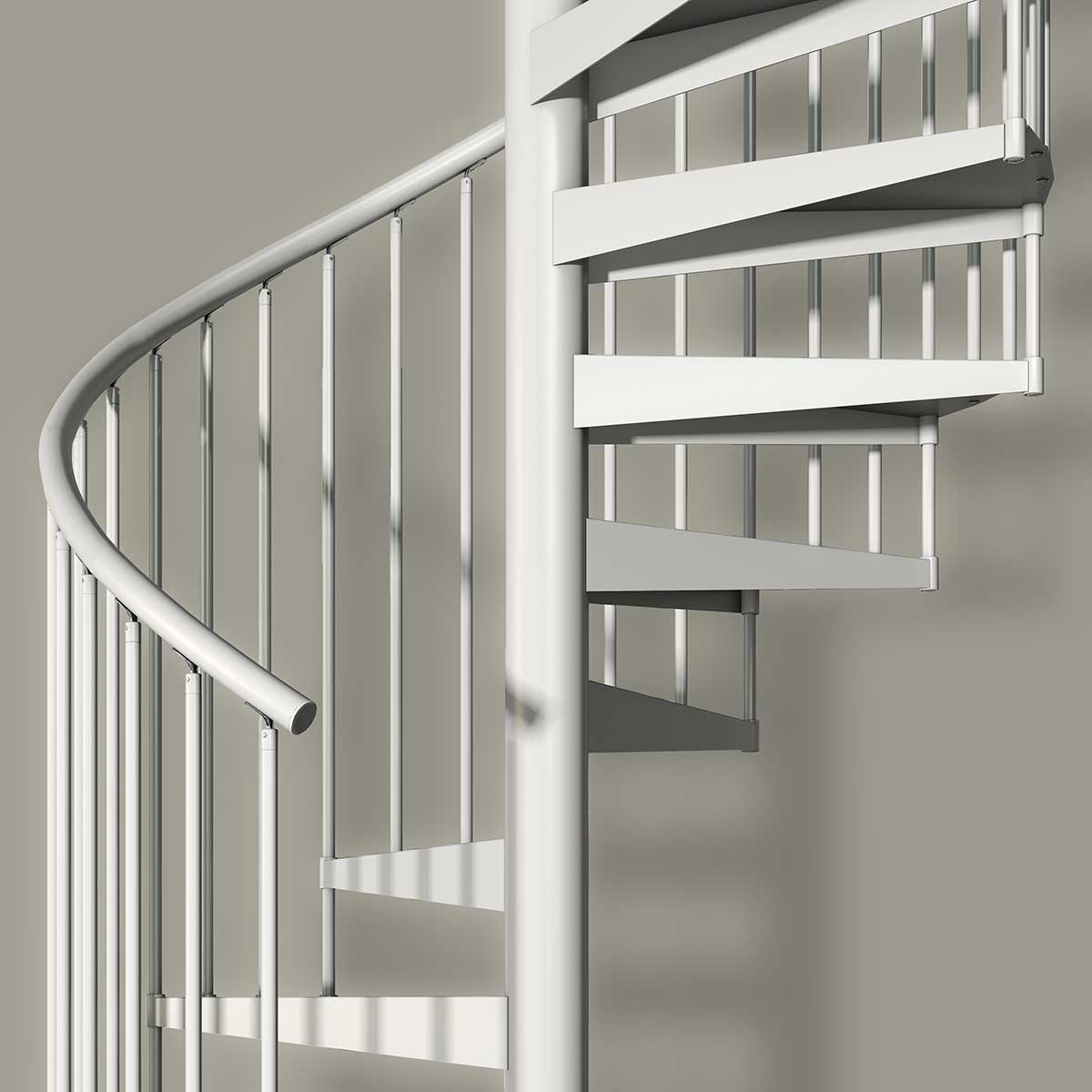 side view of white spiral staircase in front of an olive wall