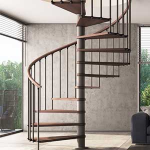 side view of a dark wood spiral stair with dark grey steelwork