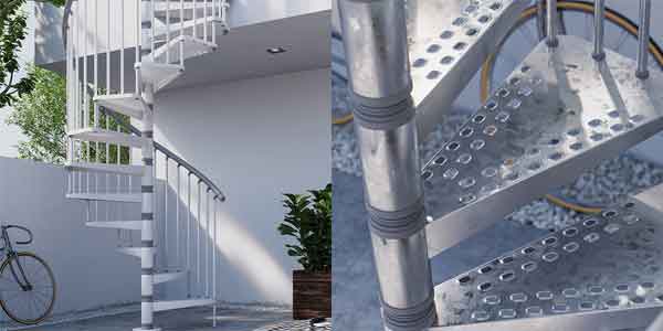two pictures of the exterior zink spiral stair in an outdoor setting