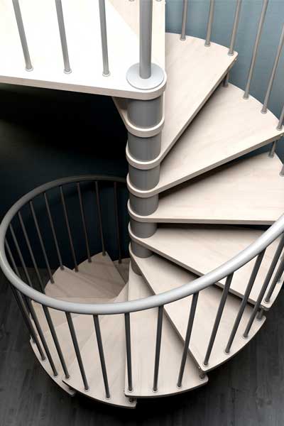 looking down on a kit spiral stair with light coloured steps