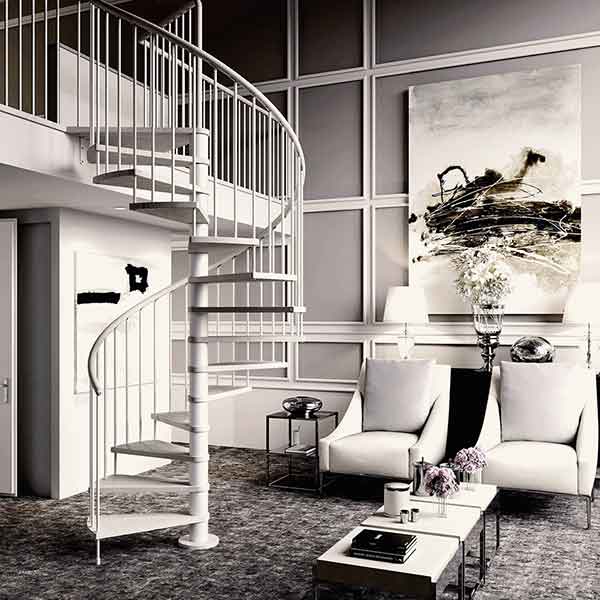 apartment with two chairs and painting on wall with light spiral stair running upto to a mezzanine level