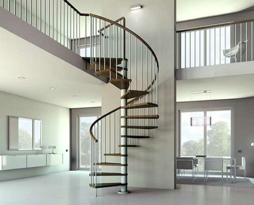 side view of spiral stair in a living space with white walls and windows
