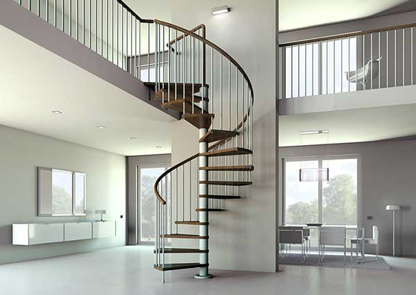 side view of spiral stair in a living space with white walls and windows