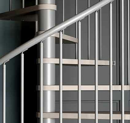 side view of steel spindles on a kit spiral staircase