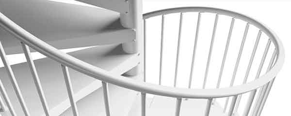 close up of a white spiral stair handrail and steps