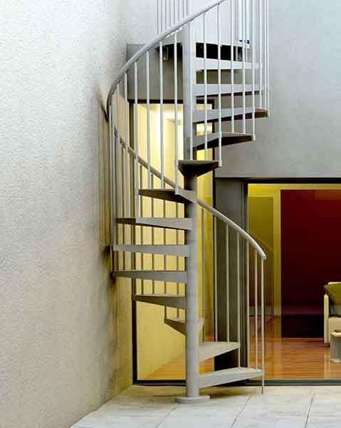 external spiral stair in corner of courtyard