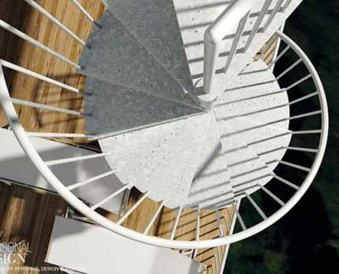looking down upon the triangular platform of the F20 Z spiral staircase
