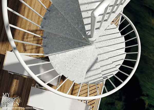 looking down upon the triangular platform of the F20 Z spiral staircase