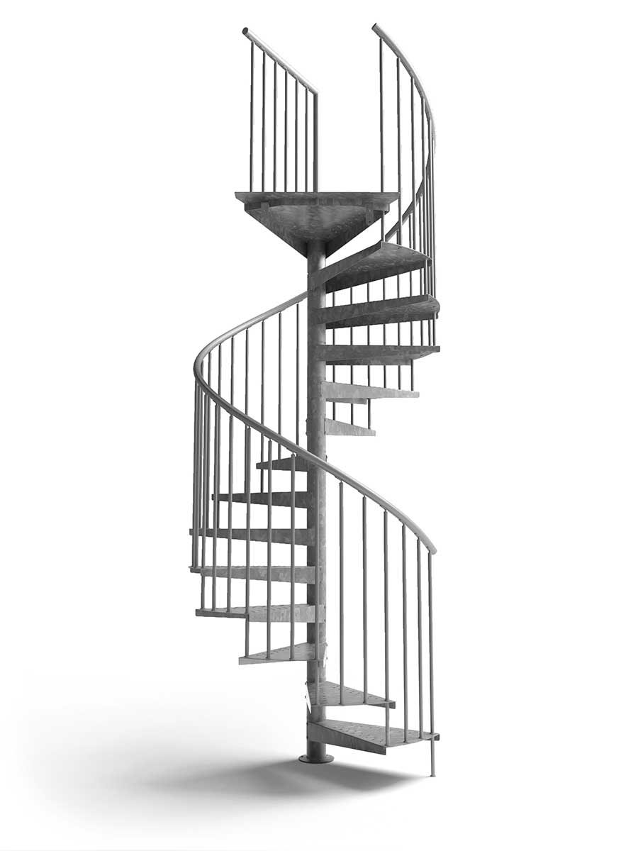 render view of an F20Z kit spiral stair in galvanised steel with white background